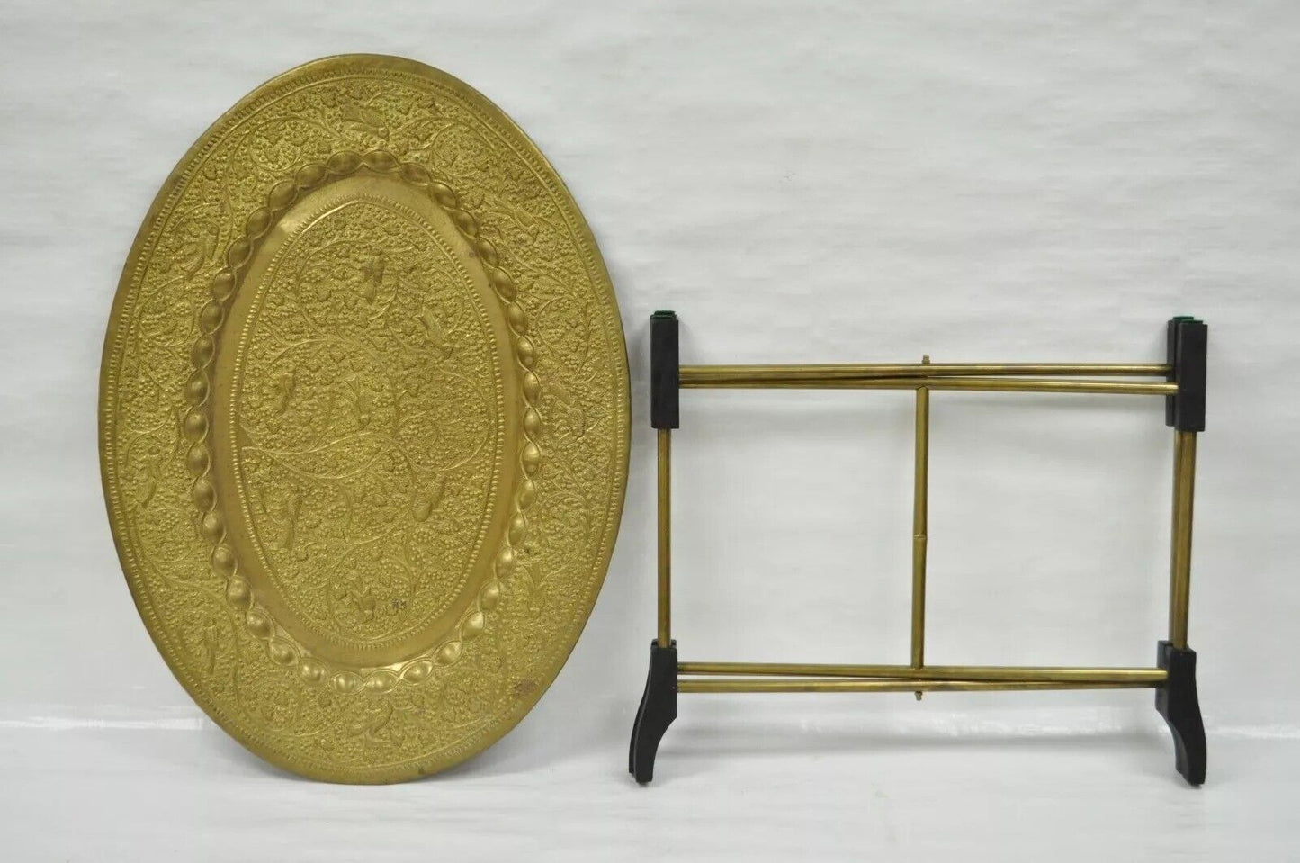 Vintage Moroccan Brass Bird Embossed Oval Tray Folding Small Coffee Table