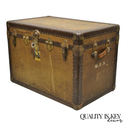 Antique Belber Traveling Goods Brown Monogram Print Hard Case Steamer Trunk