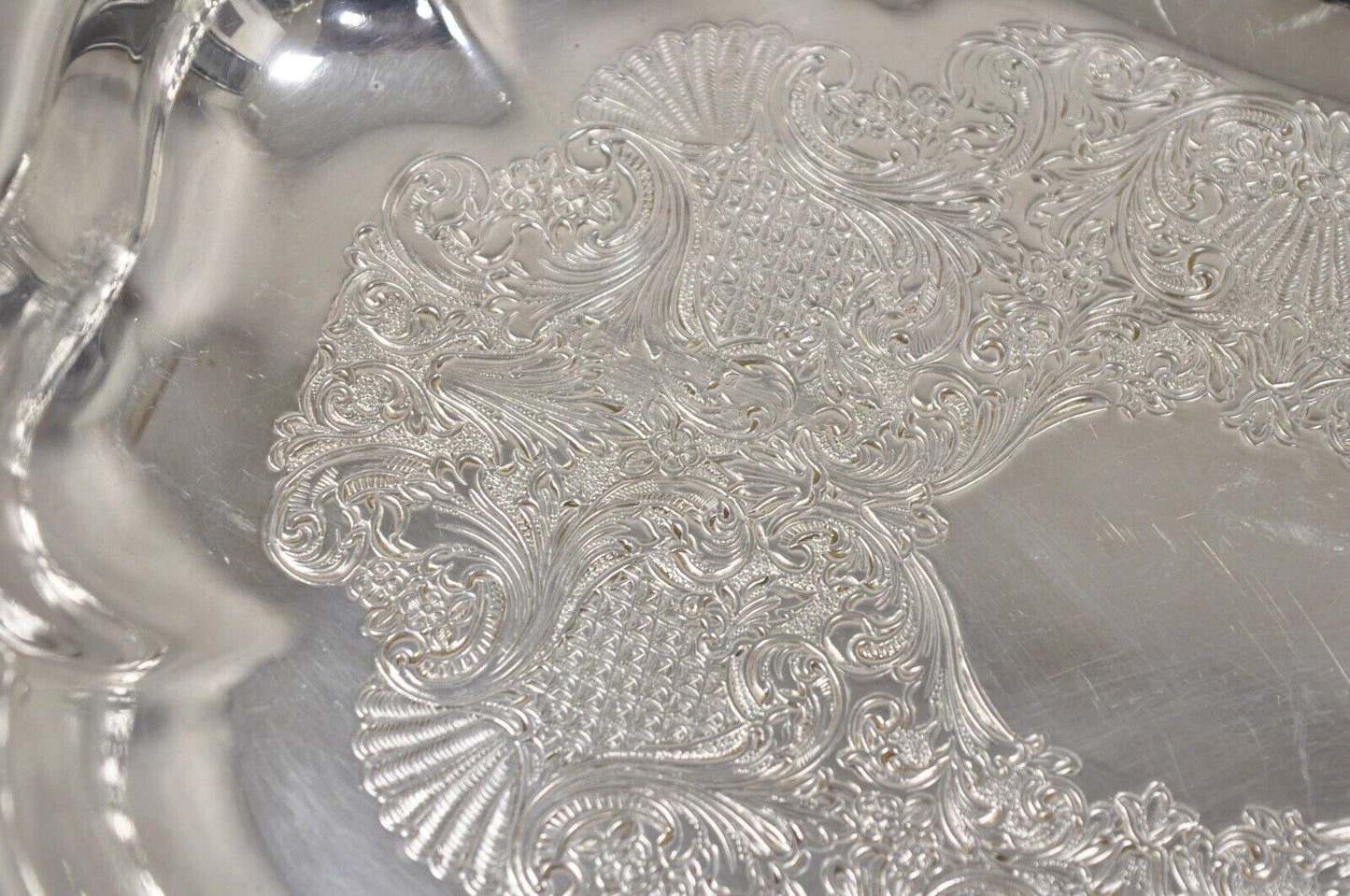 Vintage English Victorian Oval Silver Plated Ornate Scalloped Trinket Dish Tray