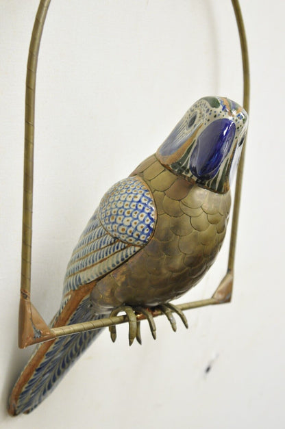 Vintage Sergio Bustamante Brass and Ceramic Perched Parrot Sculpture - a Pair