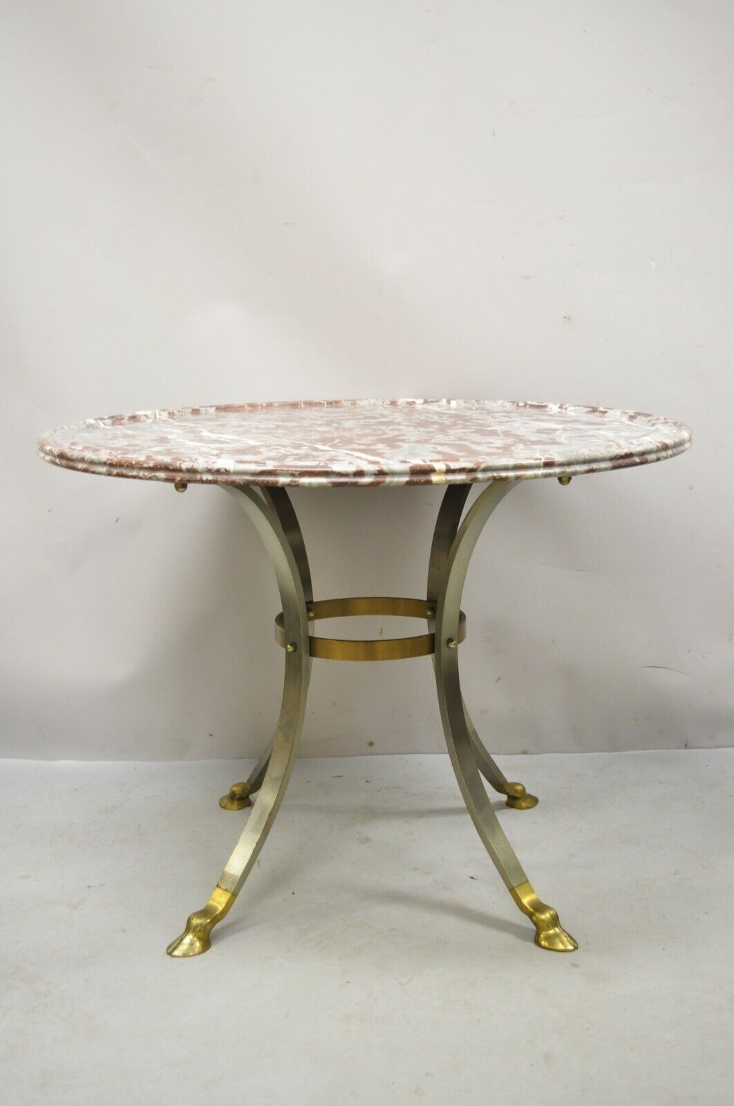 Italian Neoclassical Brass Hoof Foot 32" Round Rouge Marble Top Center Table