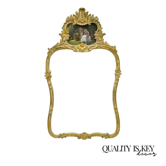 Vtg Gold Giltwood French Victorian Style Wall Mirror with Painted Courting Scene