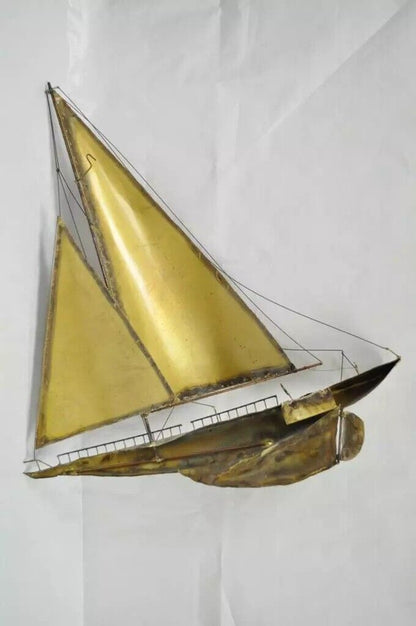 RaMan Brutalist Mid Century Modern Jere Style Brass Clipper Ship Wall Sculpture