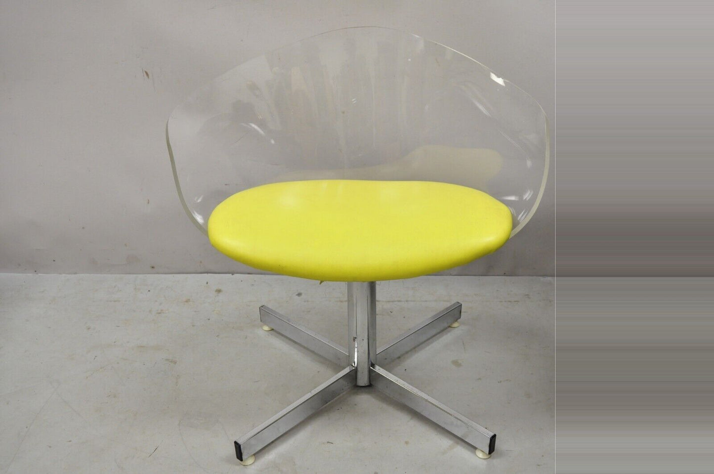 Vtg Jansko Clear Sculpted Lucite Mid Century Modern Yellow Vinyl Swivel Chair