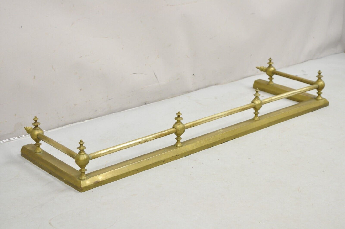 Antique Victorian Brass Finial and Cast Iron 48" Fireplace Fender Surround