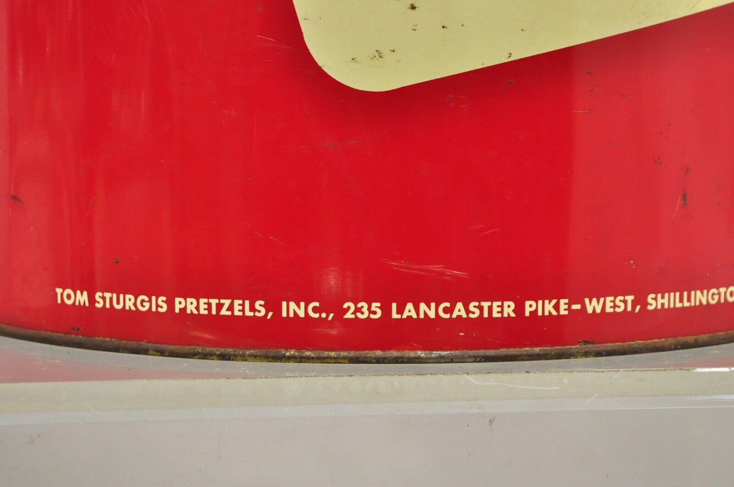 Vintage Tom Sturgis Pretzels Large Tin Metal Red Advertising Can