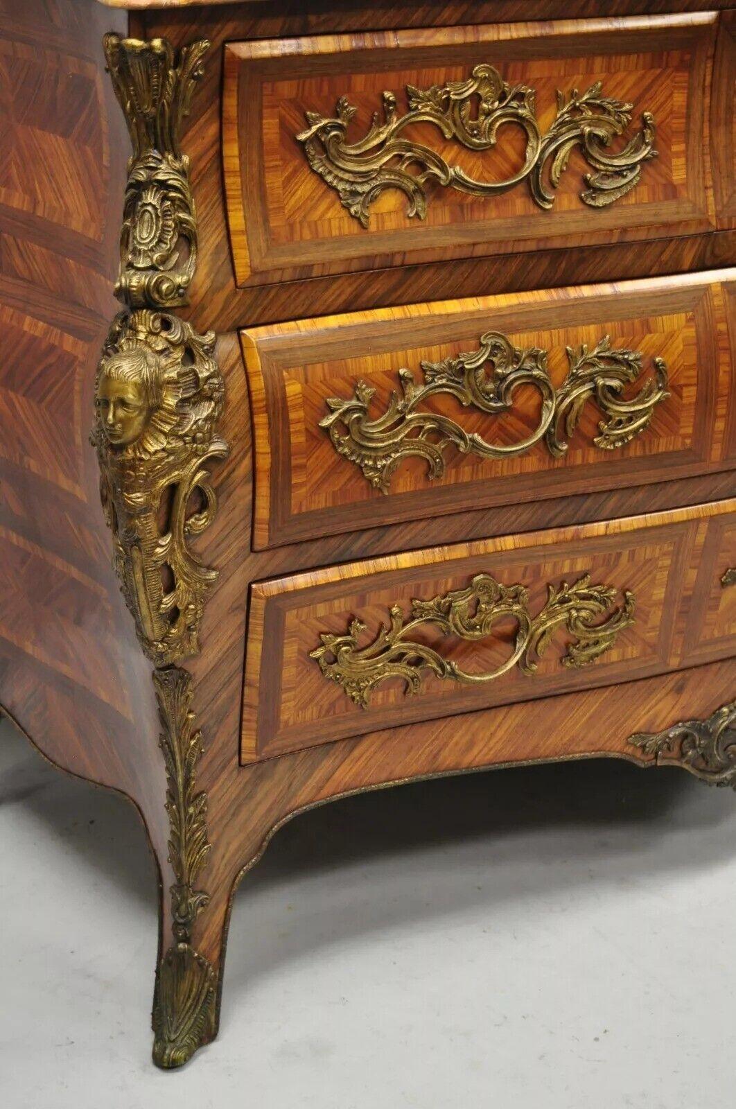 French Louis XV Style Inlaid Marble Top Bombe Commode Chest with Bronze Figures