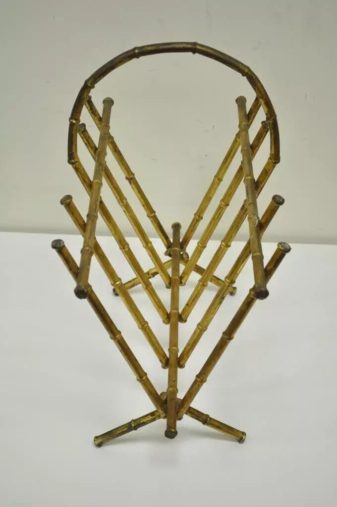 Vtg Italian Hollywood Regency Gold Gilt Faux Bamboo Tole Magazine Rack Holder