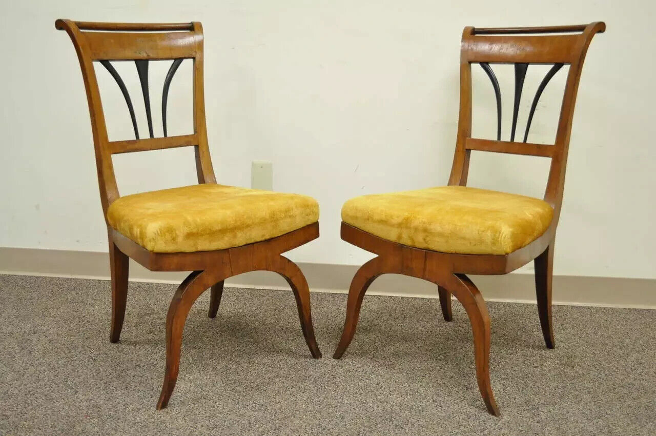 19th C Biedermeier Italian Burl Fruitwood Curule Base Side Chairs - a Pair