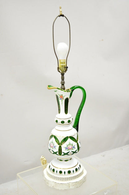 Antique Bohemian Czech Case Glass Green White Urn Ewer Table Lamp