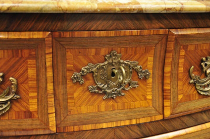 French Louis XV Style Inlaid Marble Top Bombe Commode Chest with Bronze Figures