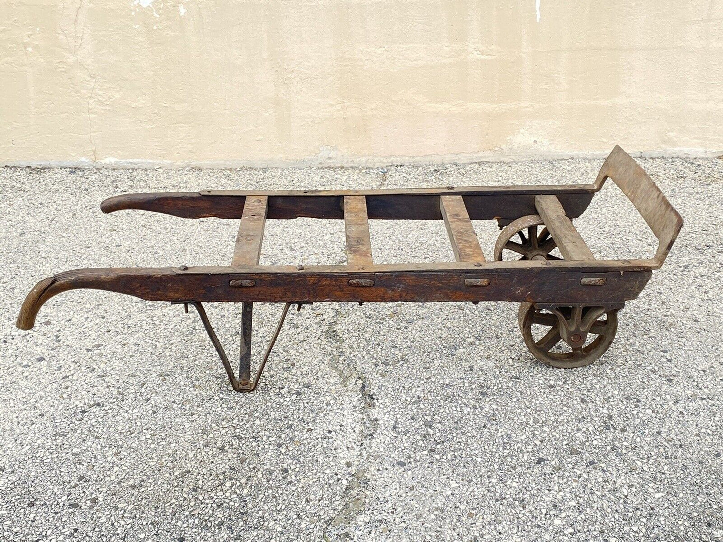 Antique Industrial Modern Vintage Factory Hand Truck Oak Wood and Iron Metal