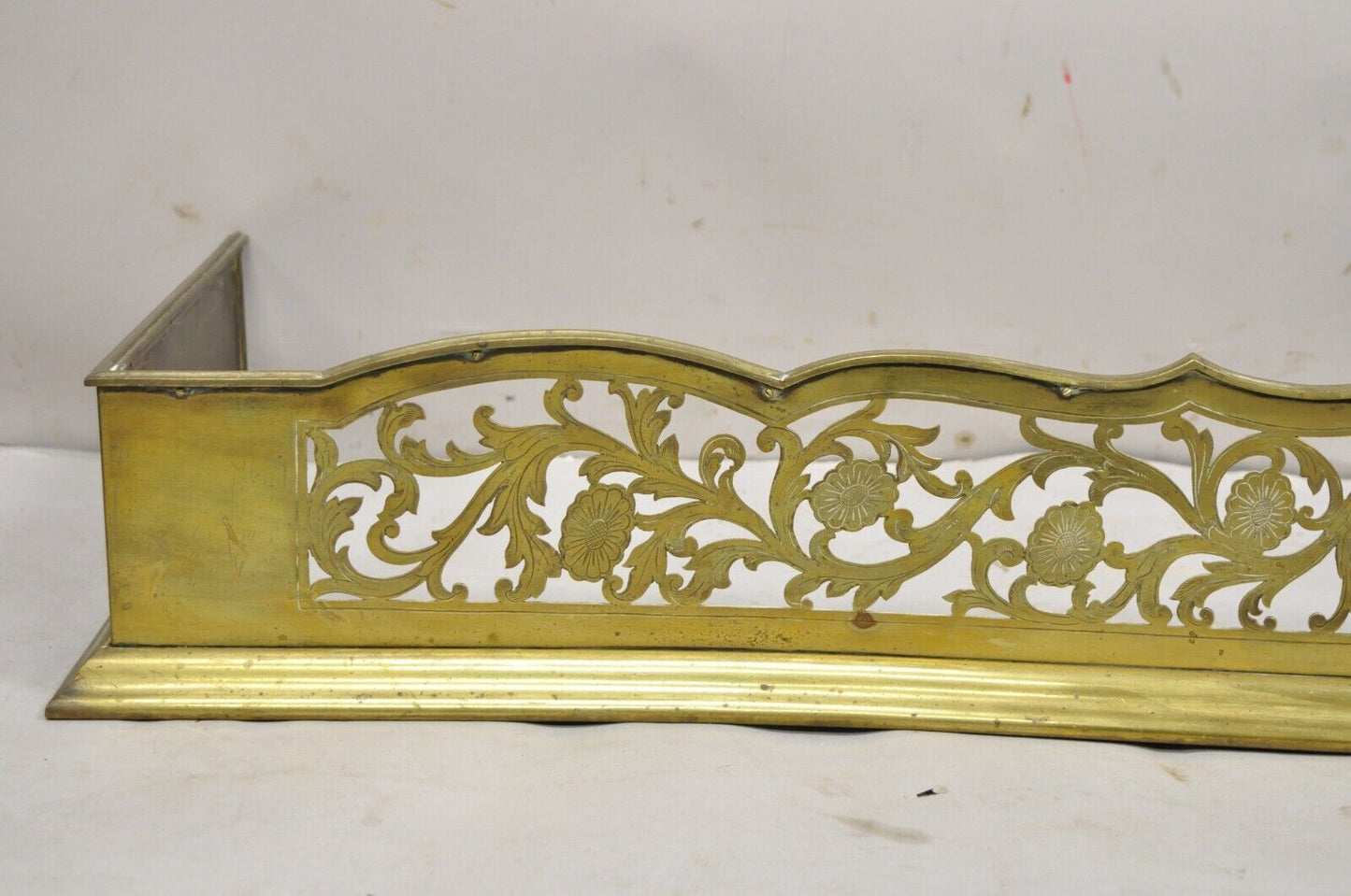 Antique French Renaissance Brass Figural Floral 67" Fireplace Surround Fender