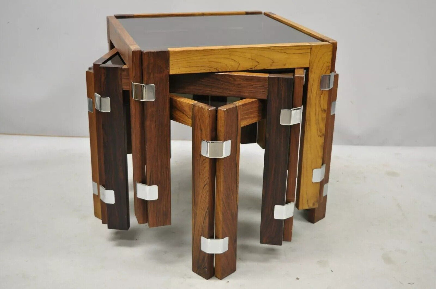 Interior Form Mid Century Danish Modern Rosewood & Glass Side Tables - 3 Pcs