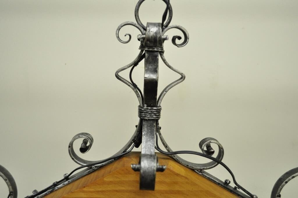 Vintage Arts & Crafts Gothic Style Wood Wrought Iron 3 Light Lantern Chandelier