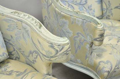 Vintage French Provincial Louis XVI Blue & Cream Painted Club Chairs - a Pair