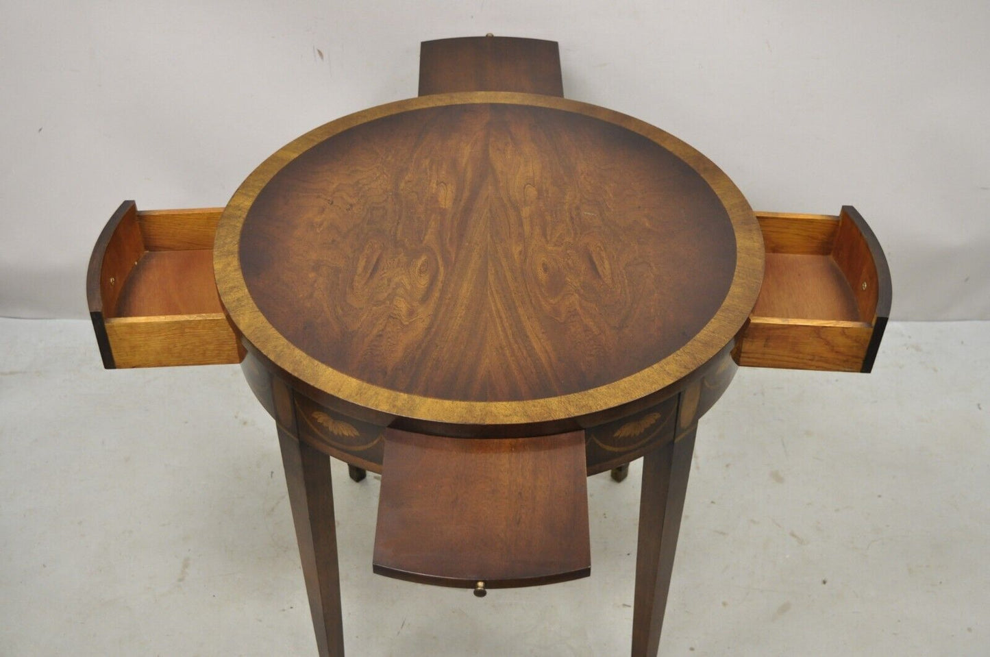 Federal Style Round Banded Mahogany Inlaid Accent Table 2 Drawers 2 Pull Outs