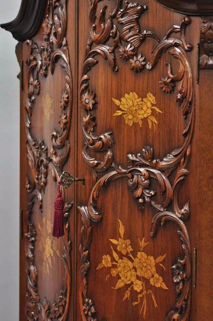 French Louis XV Small Walnut Floral Inlay Style Corner Curio China Cabinet