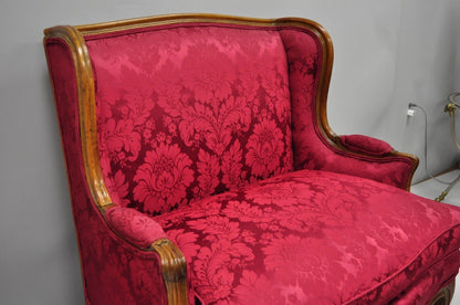 French Country Louis XV Style Mahogany Burgundy Wingback Settee Loveseat Sofa