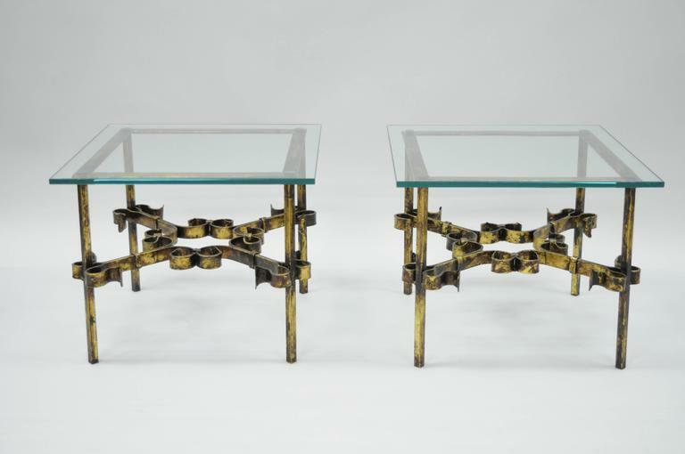 Pair Hollywood Regency Gold Gilt Iron Square Glass Top Brutalist Low End Tables