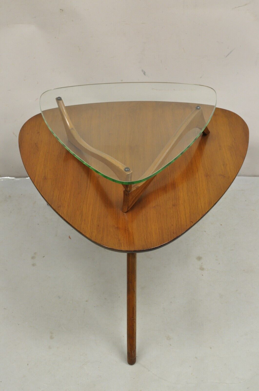 Vintage Mid Century Modern Sculpted Walnut Kagan Style Floating Glass Side Table