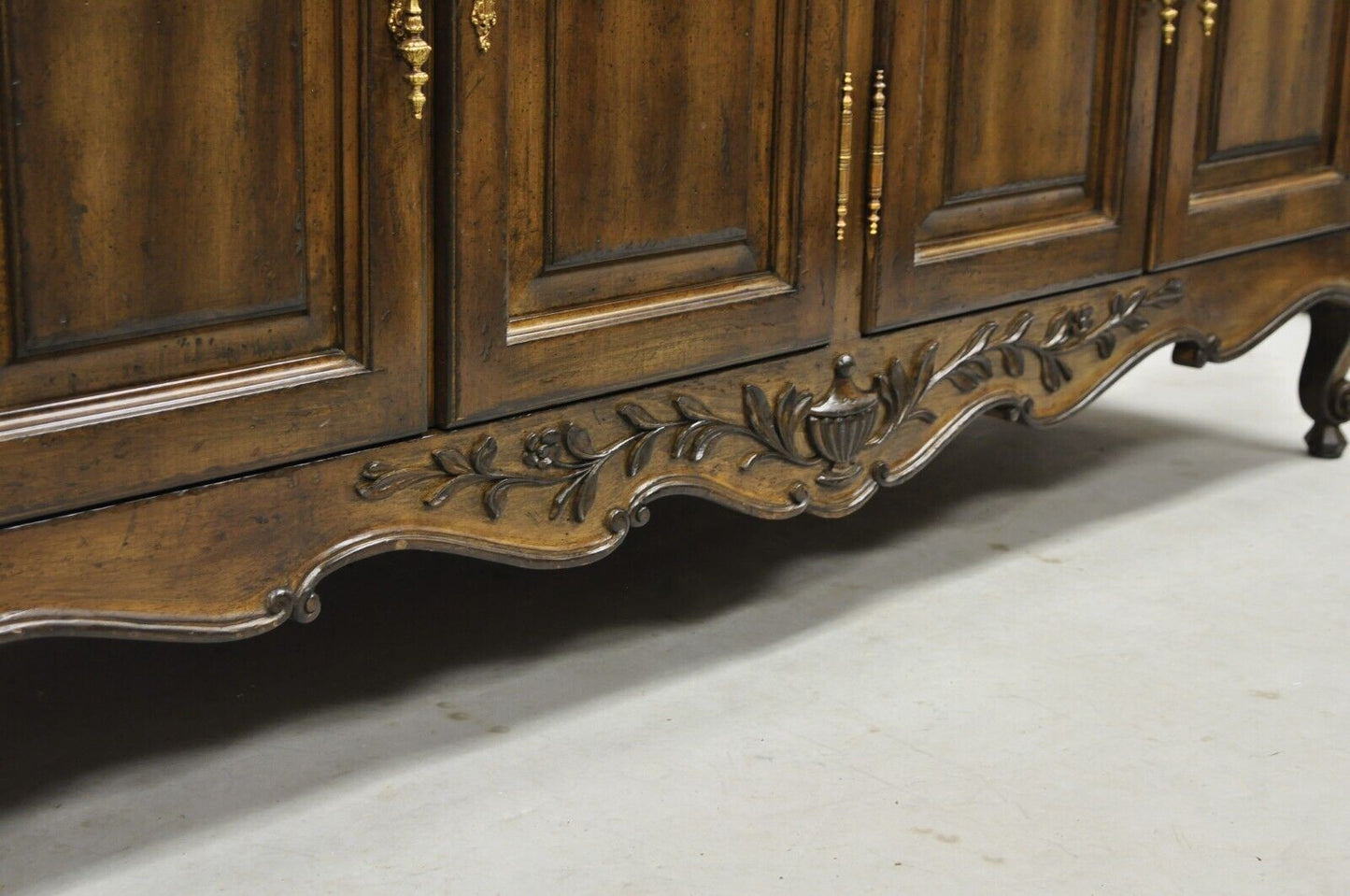 Vintage French Country Provincial Style Carved Walnut 4 Door Sideboard Credenza