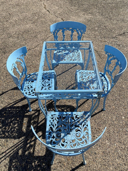 Vintage Molla Cast Aluminum Victorian Style Blue Garden Patio Dining Set - 5 Pcs