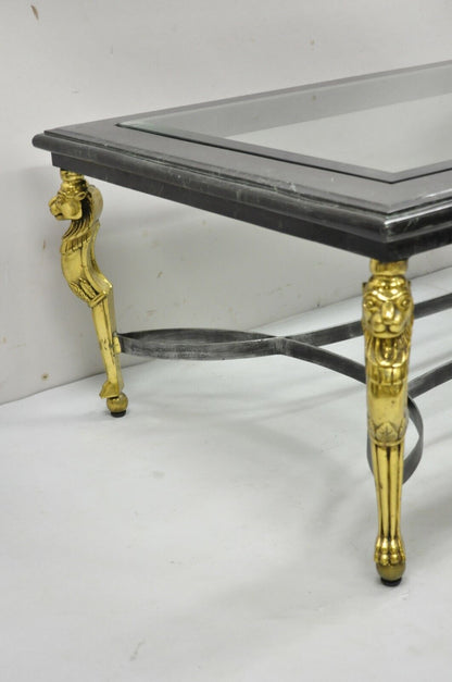 Italian Regency Style Brass Lion Marble Inlay Glass Top Steel Coffee Table