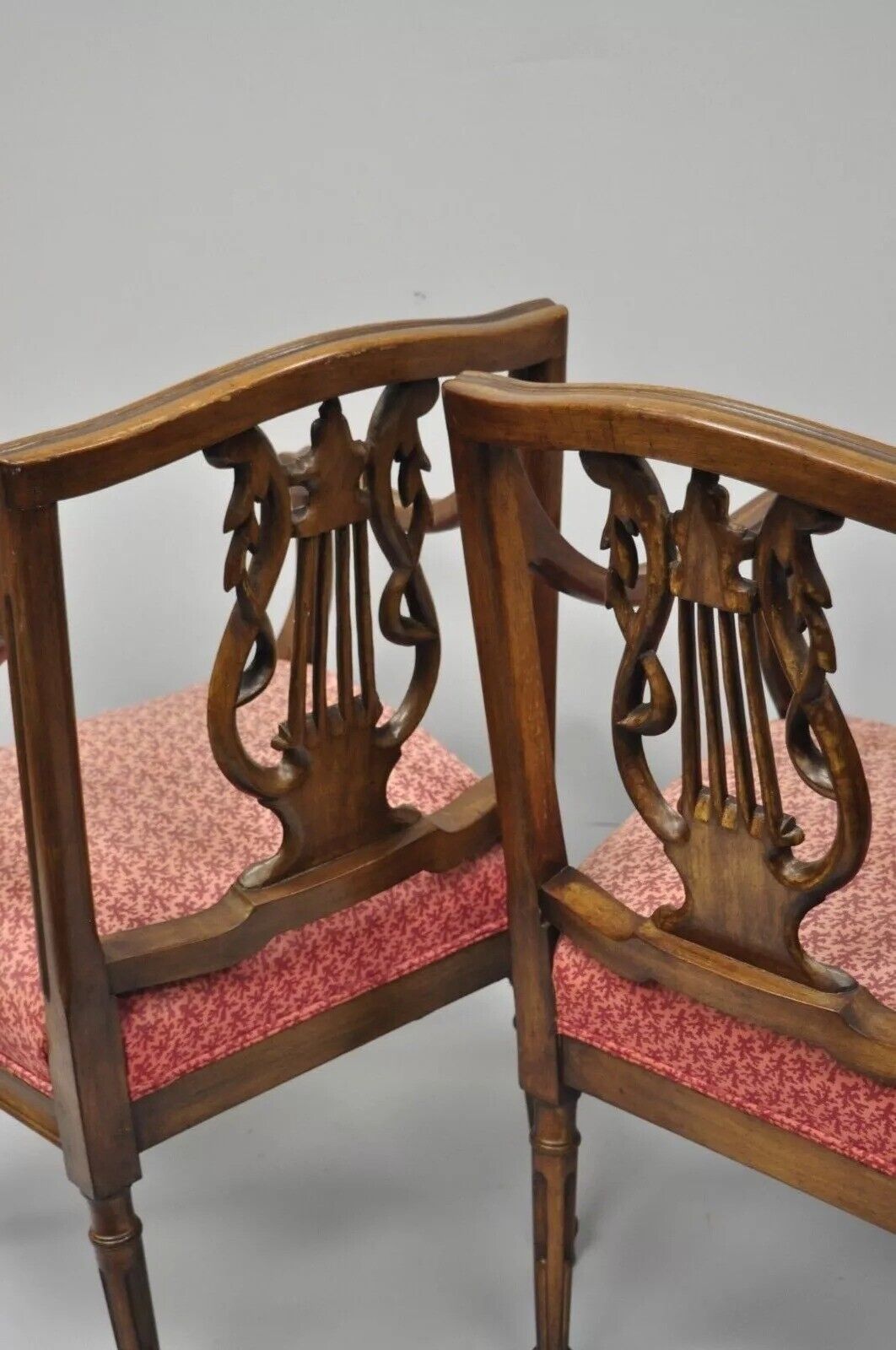 Antique French Louis XVI Style Harp Lyre Back Italian Mahogany Arm Chairs - Pair