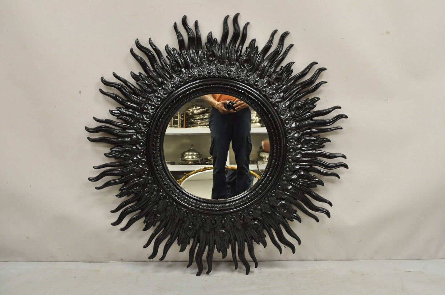 Vintage Hollywood Regency Lrg Molded Plastic Black Painted Sunburst Wall Mirror