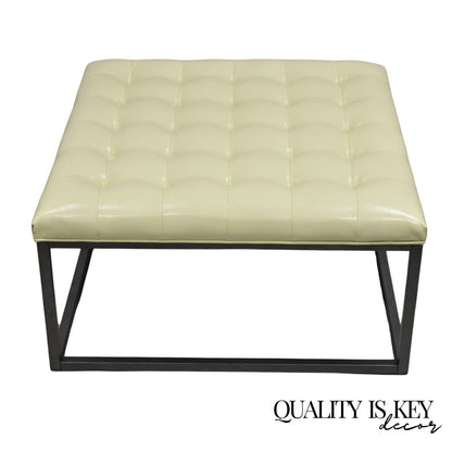 Modern Pearl Bonded Leather Steel Frame Button Tufted Square Cocktail Ottoman