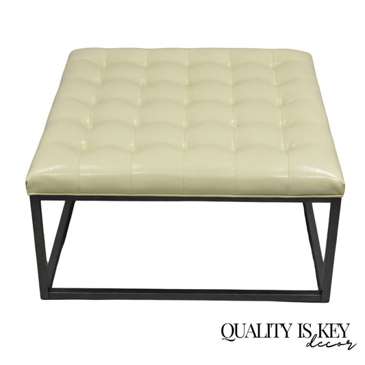 Modern Pearl Bonded Leather Steel Frame Button Tufted Square Cocktail Ottoman