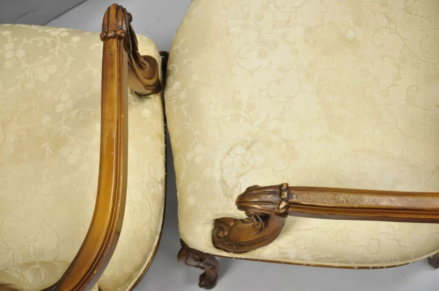 Vintage Hollywood Regency French Louis Style Drape Carved Arm Chairs - a Pair