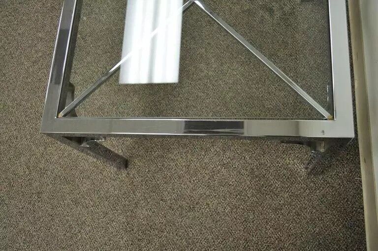 Mid Century Modern Chrome X-Frame Square Glass Top Hollywood Regency Side Table