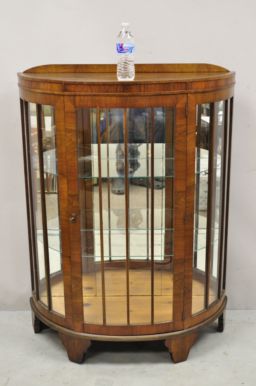 Antique Art Deco Small Half Round Demilune Walnut Curio Display Cabinet
