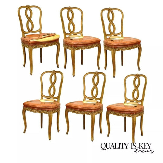 French Provincial Rococo Pretzel Back Hollywood Regency Dining Chairs - Set of 6