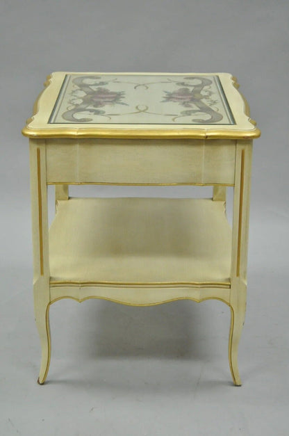 Vintage French Country Provincial Style Floral Painted Cream 1 Drawer End Table