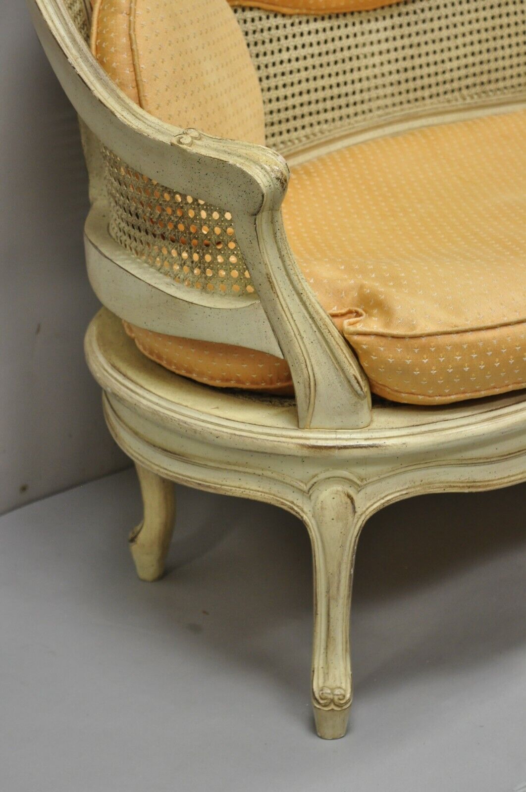 Vintage French Louis XV Victorian Style Small Cane Cream Settee Loveseat Sofa