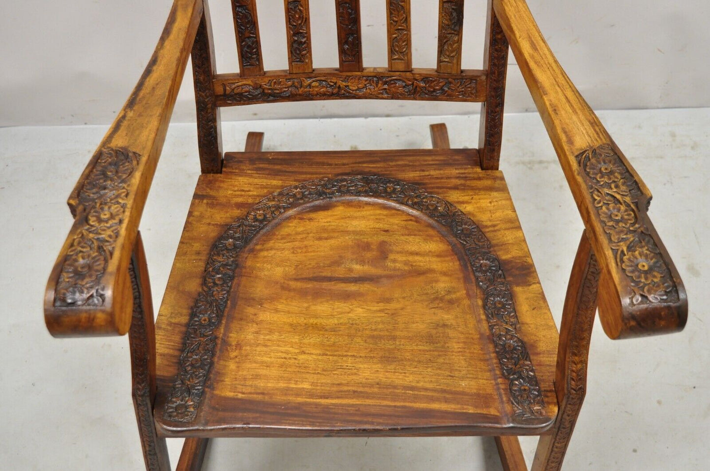 Vintage Anglo Indian Carved Teak Wood Rocking Chair Rocker