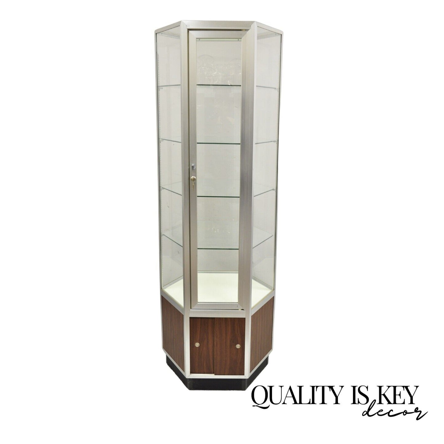 Vintage Hexagonal Modern Glass Retail Jewelry Tall Display Case Stand Showcase