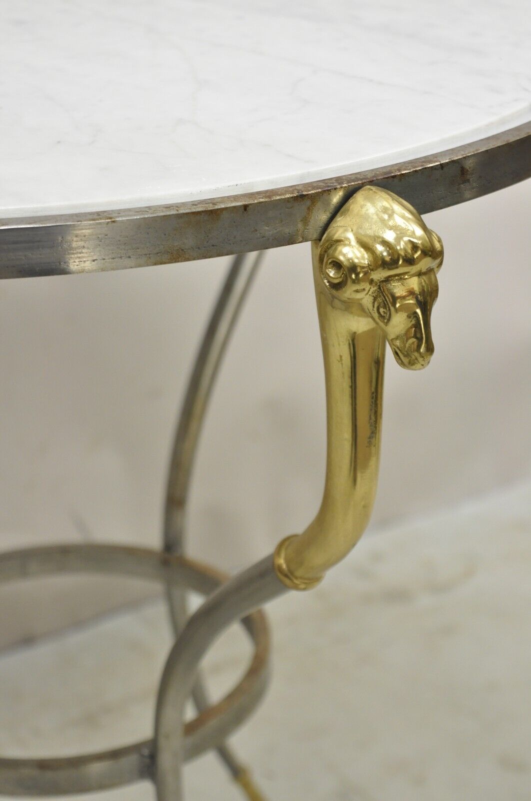 Italian Neoclassical Style Brass Rams Head Steel Metal Round Marble Side Table