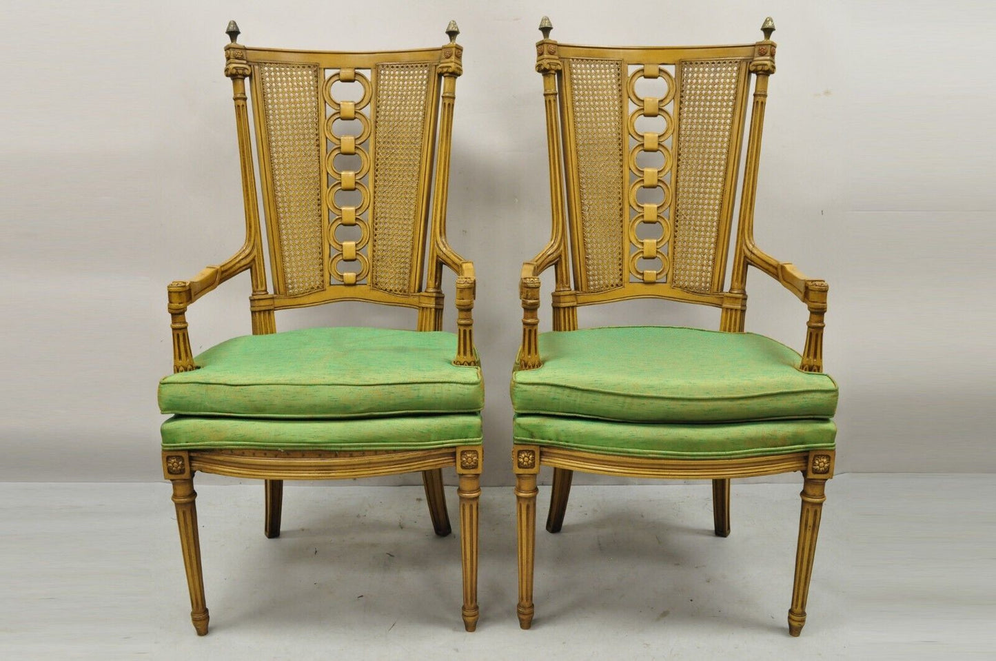 Vintage French Hollywood Regency Tall Cane Back Carved Link Chairs - a Pair