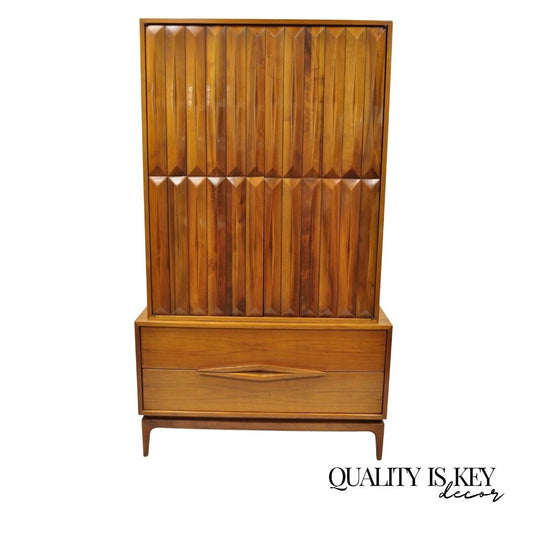 Mid Century Modern Sculpted Walnut Diamond Facade Wardrobe Tall Highboy Cabinet