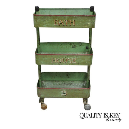 Antique "Bath House 2" Green Painted Metal 3 Tier Rolling Bathroom Trolley Cart