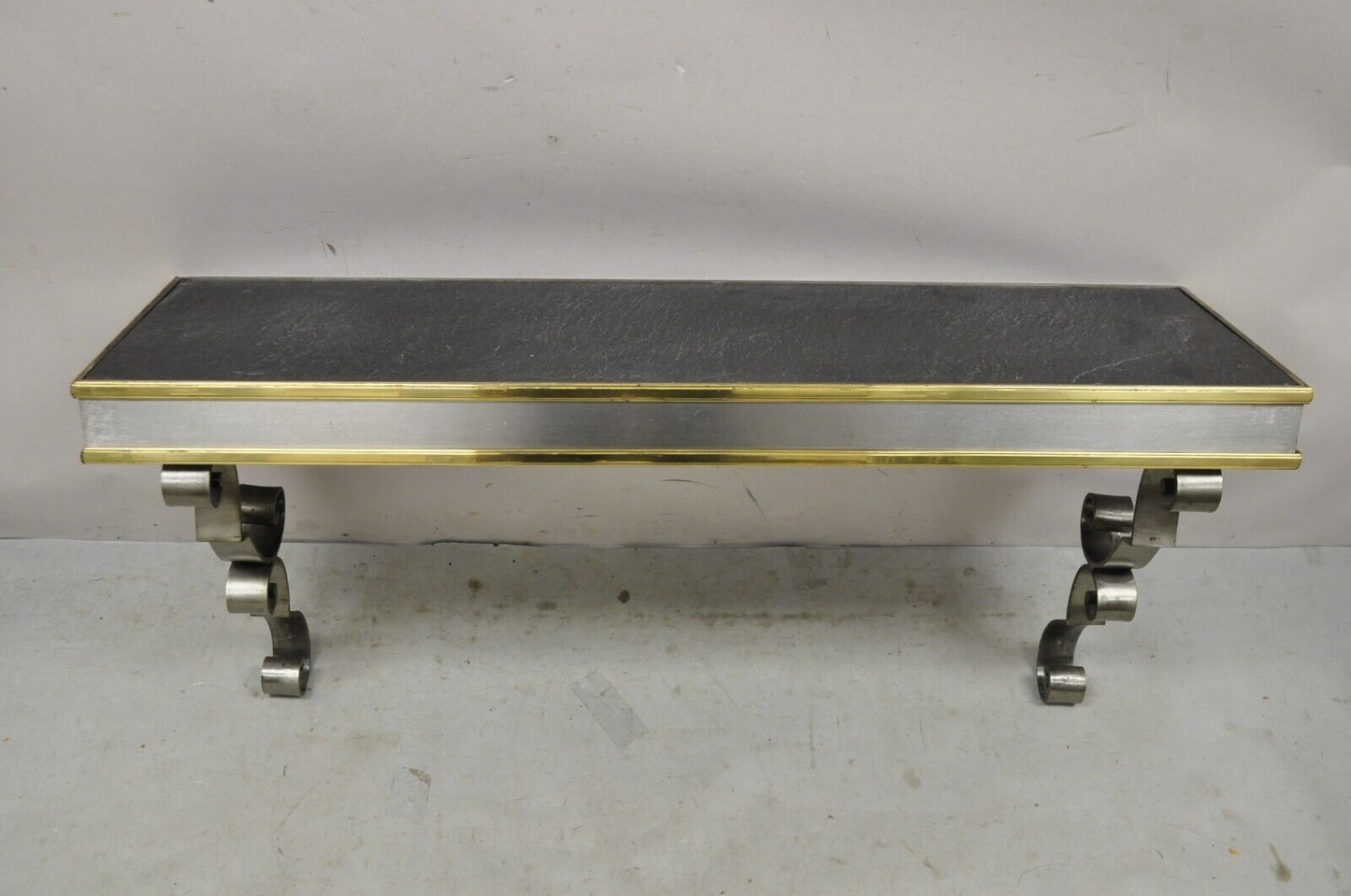 Vintage Italian Regency Steel and Brass Wall Mount Console Table with Slate Top