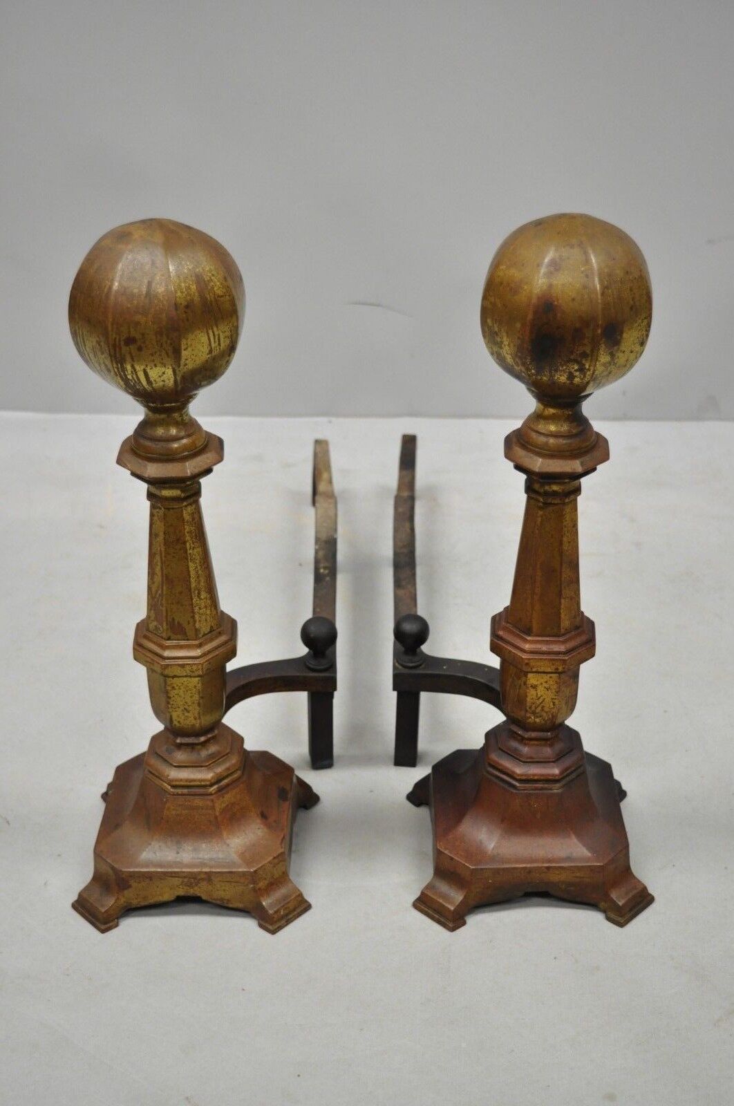 19th C. American Federal Brass Cannonball Andirons with Aged Patina - a Pair