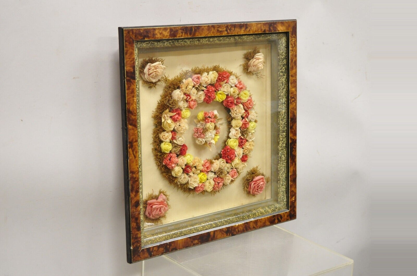 Antique Victorian Paper Mache Flower Mourning Wreath Shadow Box Frame Oddity