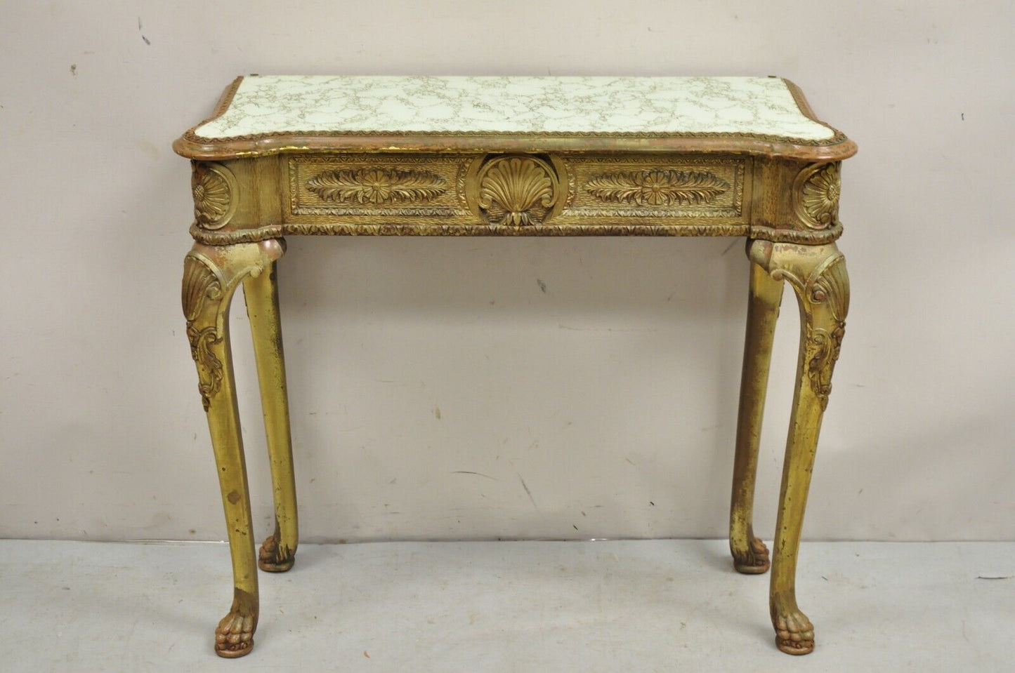 Vintage French Empire Style Distressed Gold Giltwood Hall Table Console