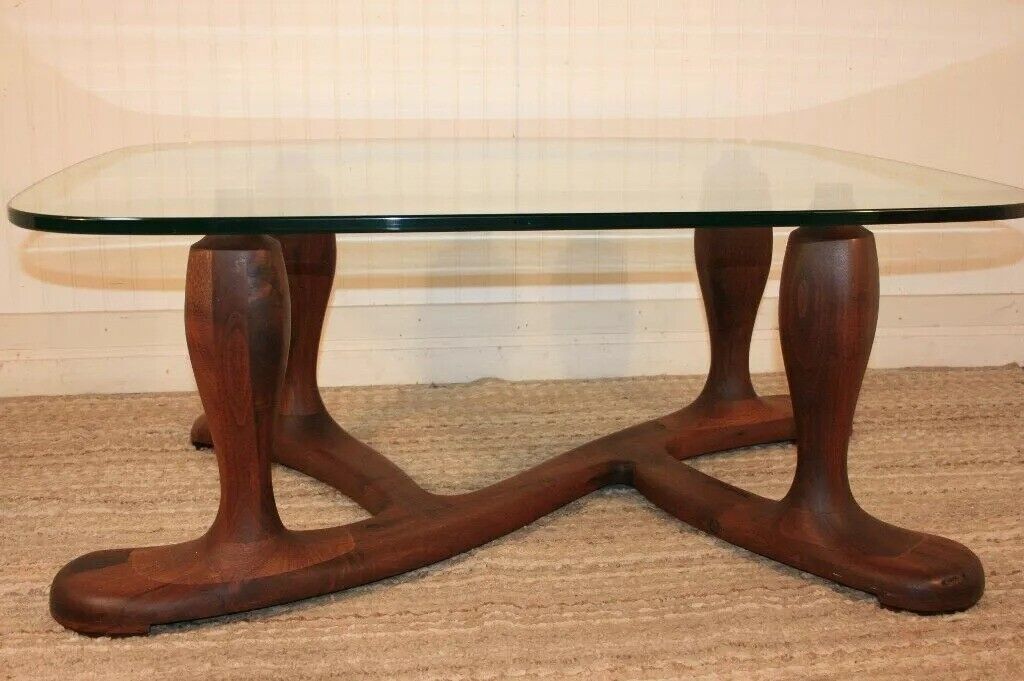 Vintage Mid Century Danish Modern Sculpted Walnut Glass Top Coffee Table