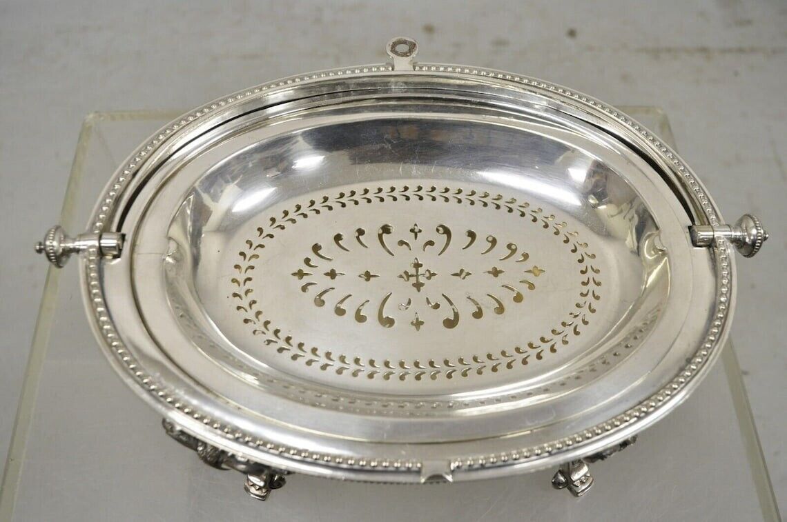 Antique Edwardian Silver Plated Revolving Dome Oval Chafing Dish Food Warmer